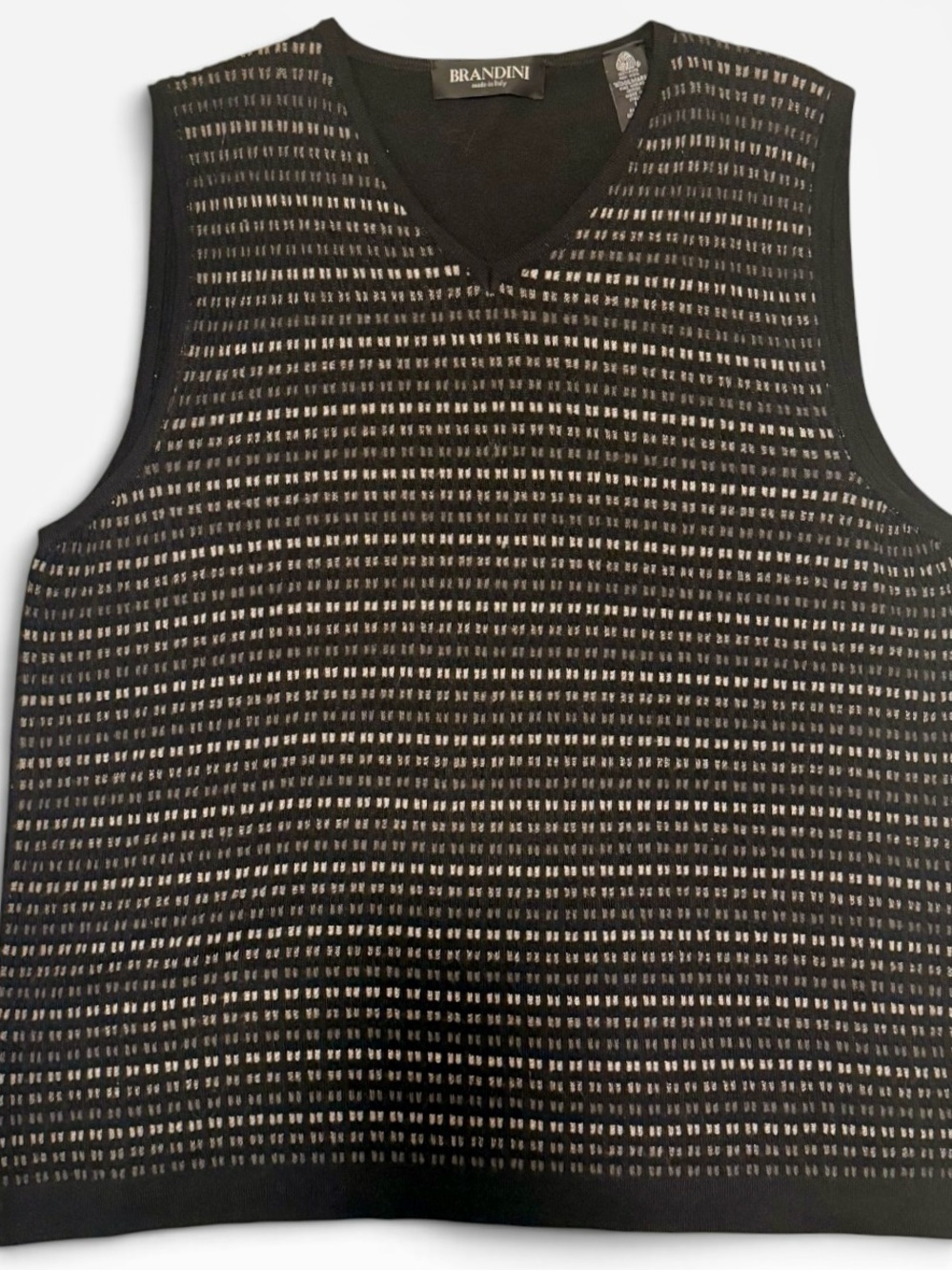 BRANDINI 100% Italian Merino Wool Men’s Black/Patterned V-Neck Sweater Vest LG